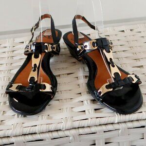 Sofft Black Patent Leather & Gold Slingback Wedge Low Heel Sandals Summer Shoes